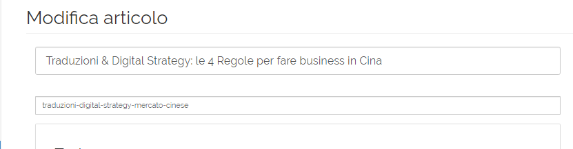 Screenshot di un CMS in cui viene inserito un nuovo contenuto e per il quale si ottimizzano h1 e URL. Il titolo del contenuto è 