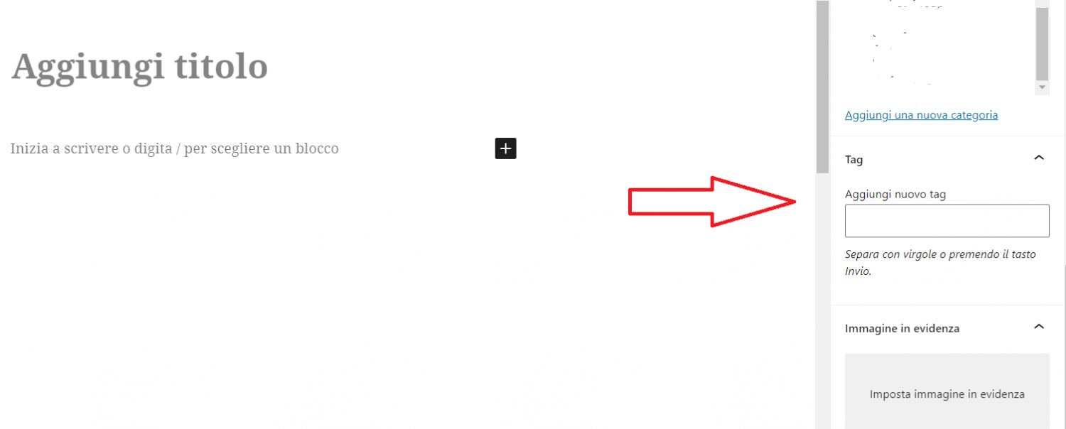 Inserimento di tag tramite WordPress: schermata di lavoro