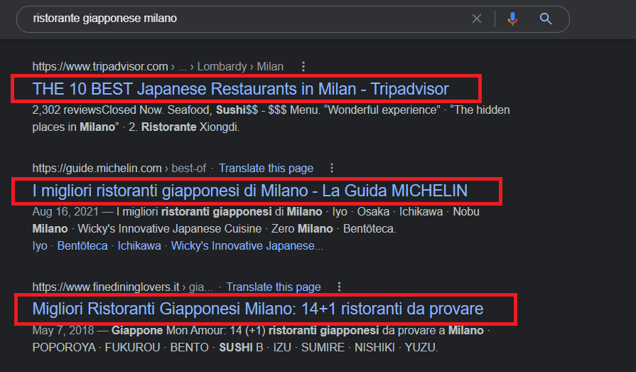 I primi tre risultati in SERP per la ricerca 'ristoranti giapponesi milano'. Sono evidenziati i title per ciascun risultato
