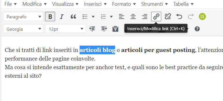 Inserimento Link su WordPress tramite selezione anchor text