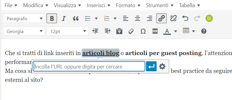 Inserimento Link su WordPress tramite selezione anchor text e inserimento collegamento